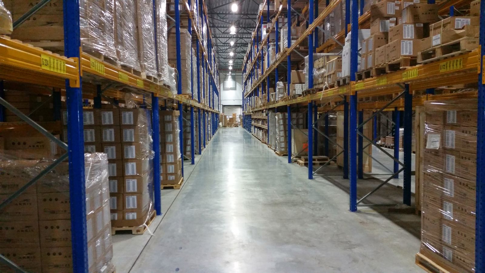 Boxed products organized on warehouse shelves